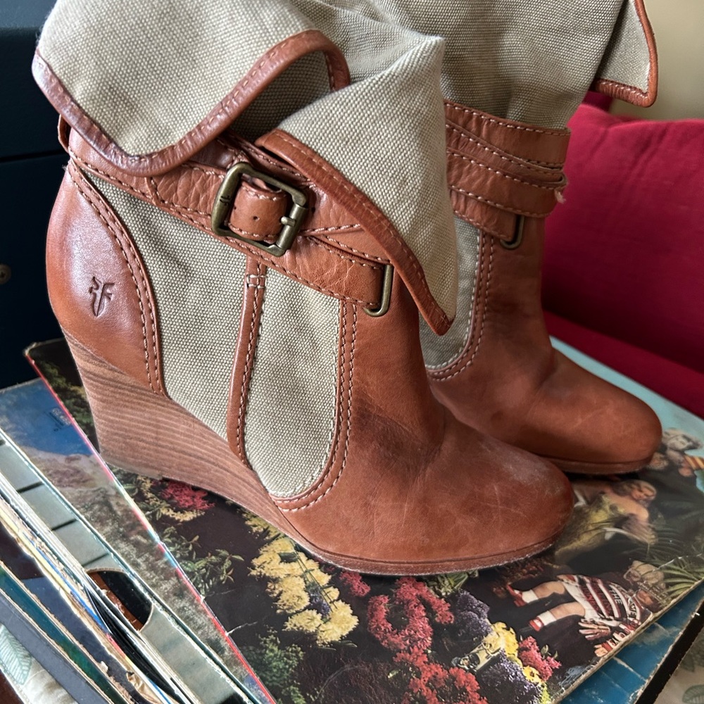 Very Rare Vintage Frye Canvas/Leather Slouchy Wedge Booties